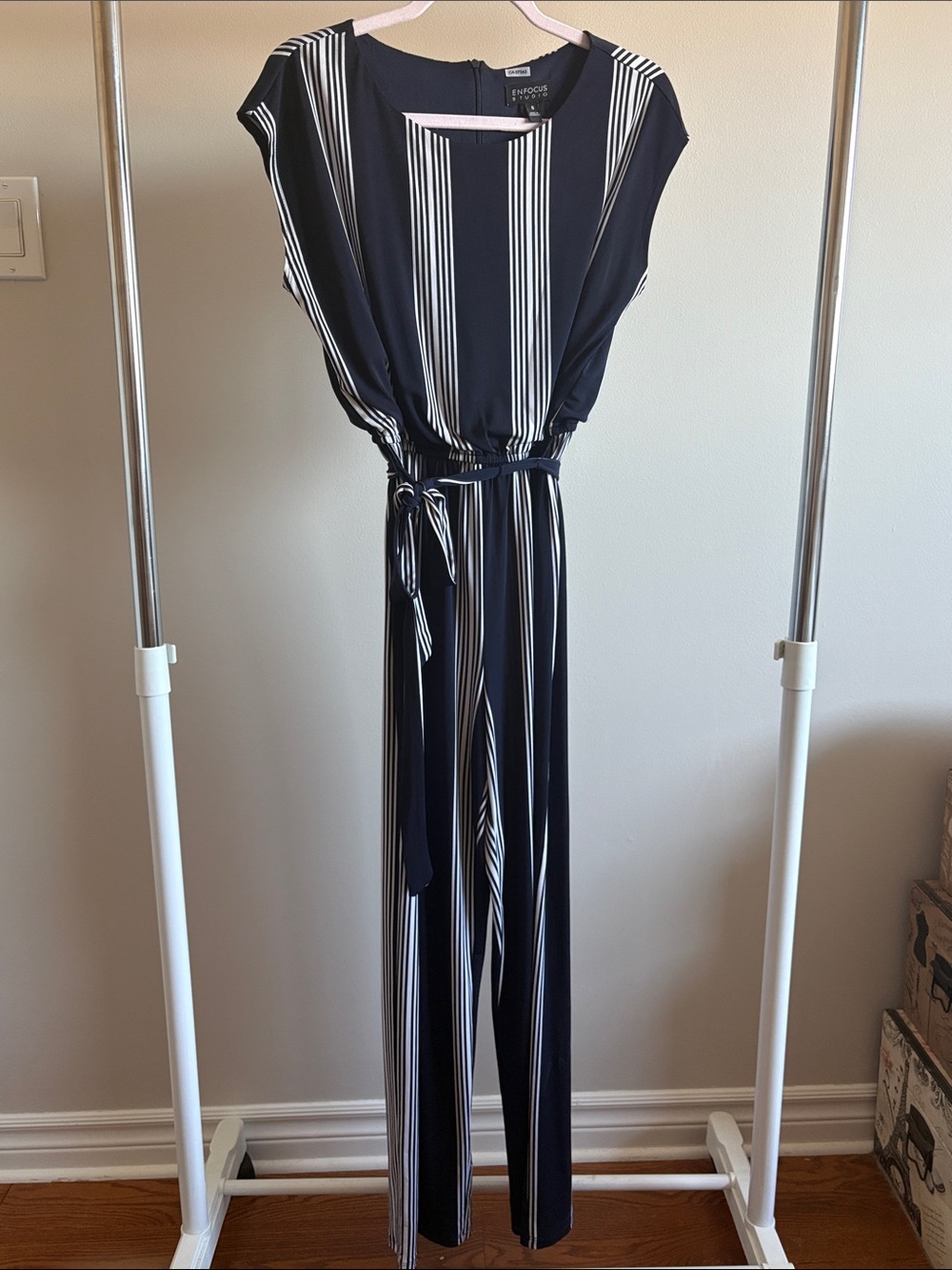 One Piece Navy and White Vertical Stripe Jumpsuit with Tie Waist